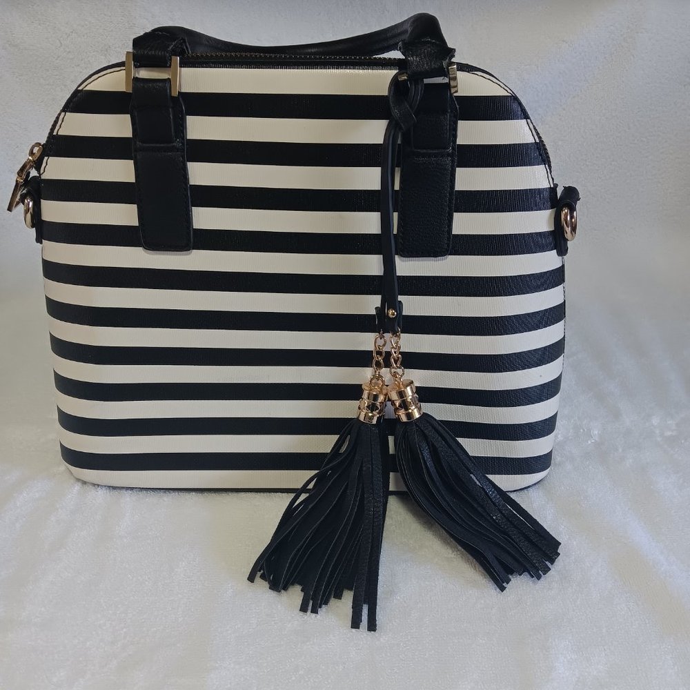 BLACK and WHITE STRIPED PURSE with LEATHER handles and tassels